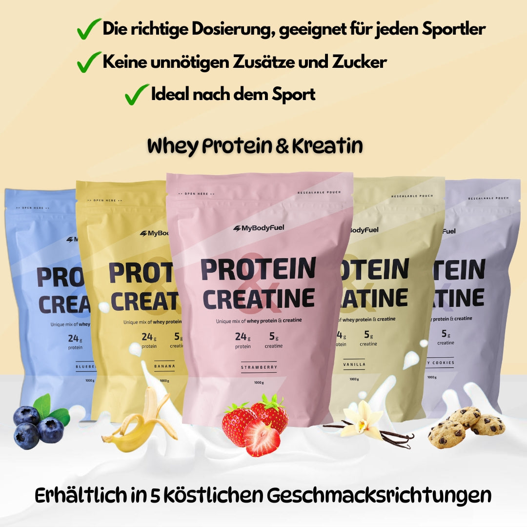 Whey Protein und Kreatin Pulver in verschiedenen Geschmacksrichtungen mit 24 g Protein und 5 g Kreatin pro Portion für Muskelaufbau und Regeneration
