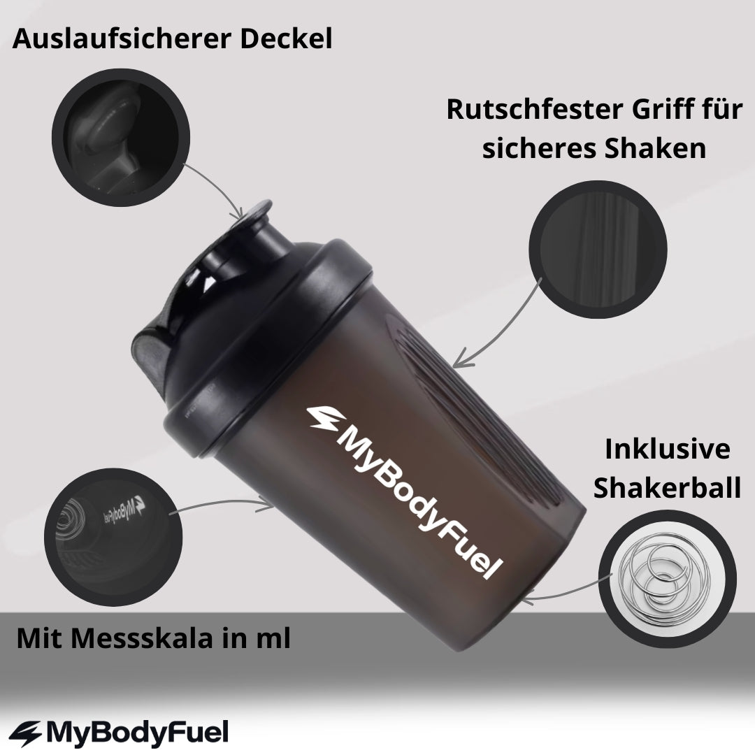 400 ml Protein Shaker mit auslaufsicherem Deckel, rutschfestem Griff, Shakerball und Messskala für klumpenfreie Shakes