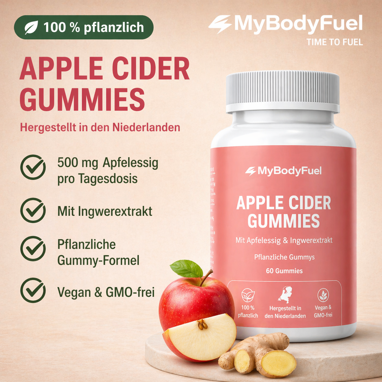 Vegane Apple Cider Gummies mit 500 mg Apfelessig pro Tagesdosis, Ingwerextrakt und pflanzlicher Formel, hergestellt in den Niederlanden und GMO-frei