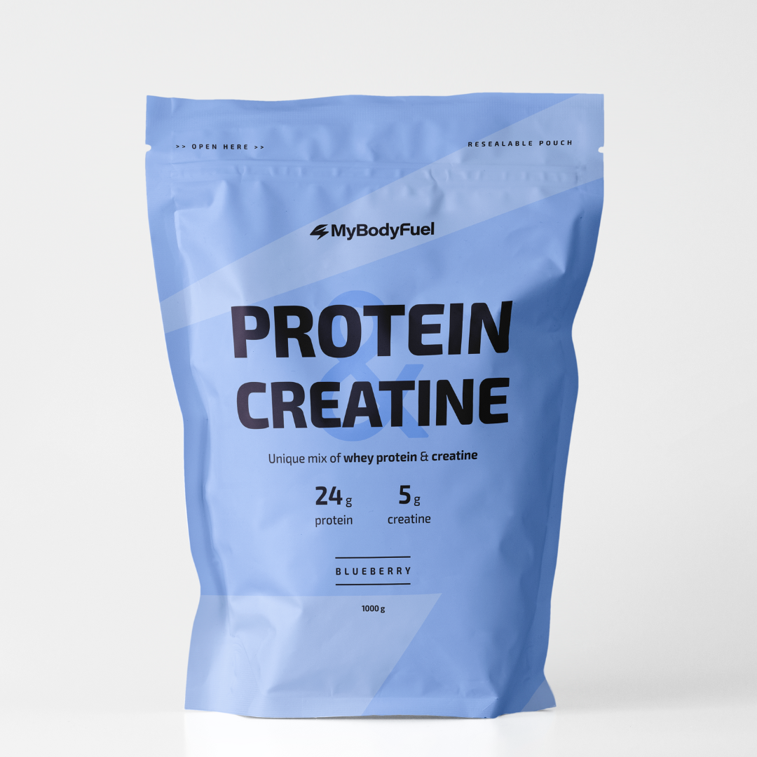 Blauwe pouch MyBodyFuel Protein Creatine – whey‑eiwit + creatine poeder, blueberry flavour