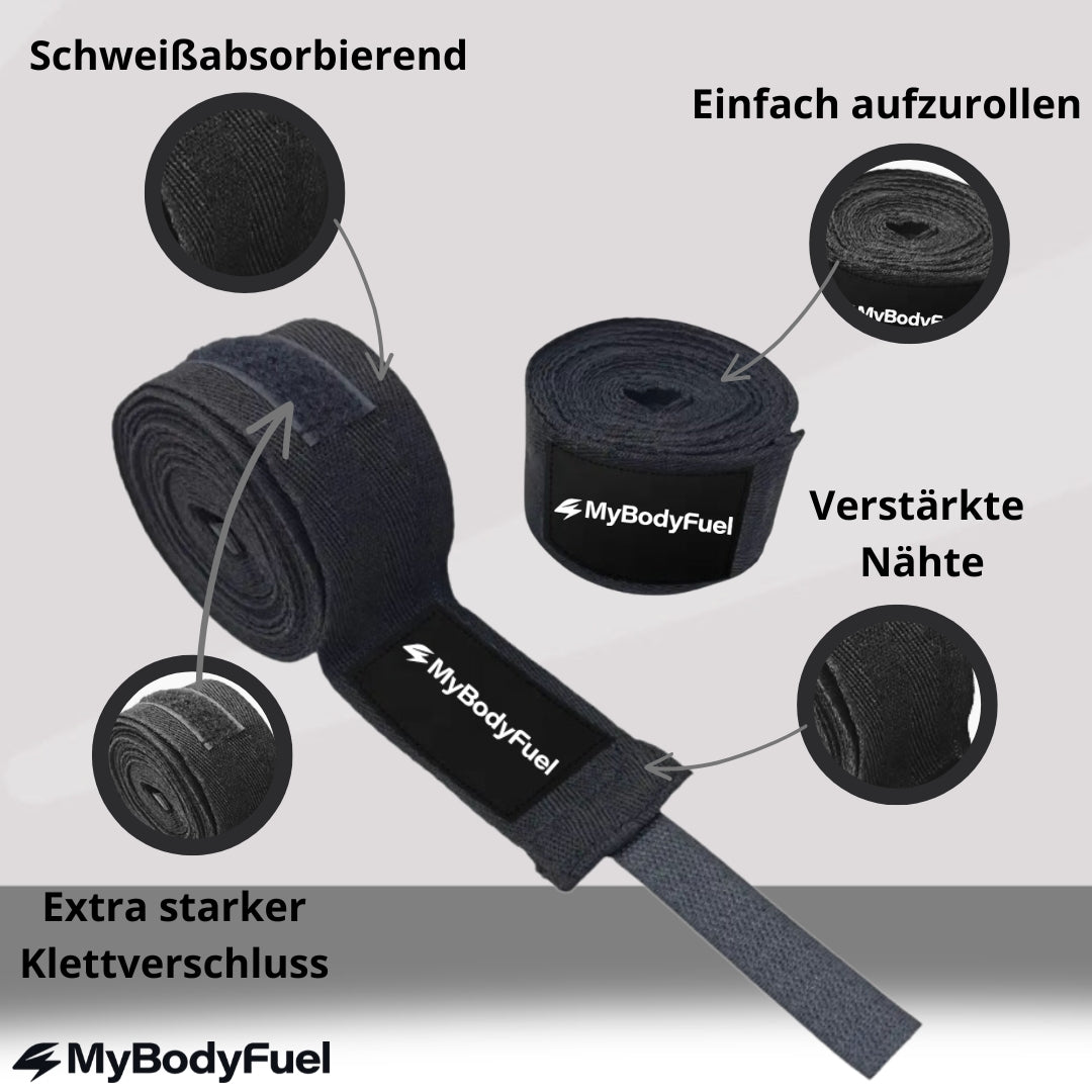 Boxbandagen mit Klettverschluss, verstärkten Nähten und schweißabsorbierendem Material für optimalen Halt beim Boxtraining