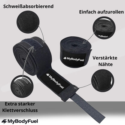 Boxbandagen mit Klettverschluss, verstärkten Nähten und schweißabsorbierendem Material für optimalen Halt beim Boxtraining