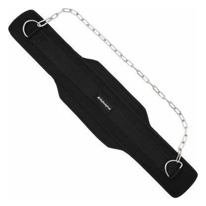 Schuine view van MyBodyFuel dip belt in zwart neopreen met stalen ketting en verstelbare karabijnhaak