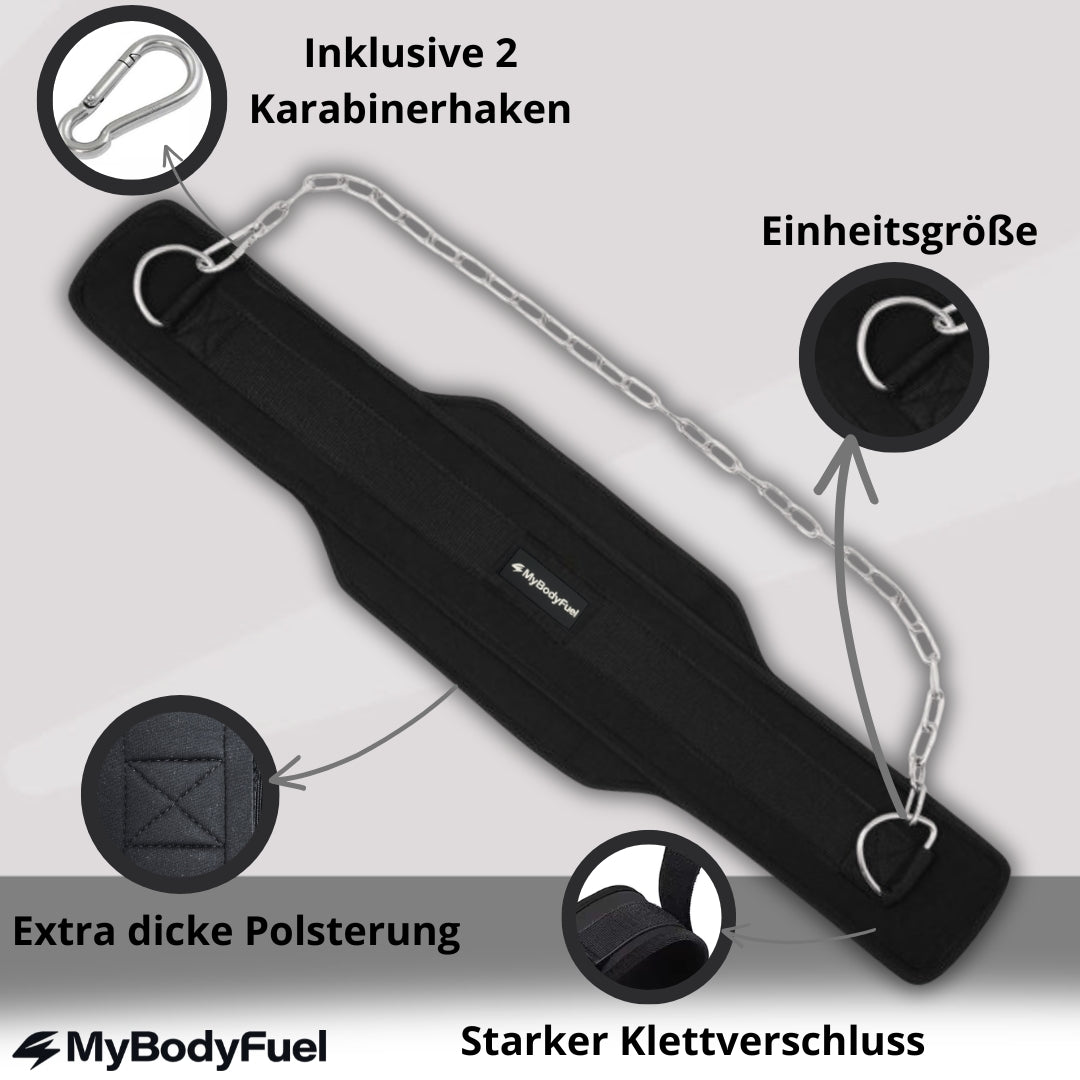 Dipgürtel mit Kette, Karabinerhaken, Klettverschluss und extra Polsterung für Dips und Krafttraining