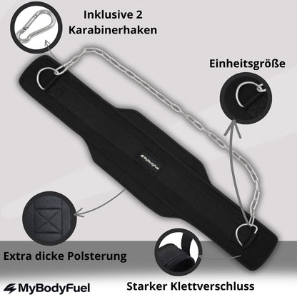 Dipgürtel mit Kette, Karabinerhaken, Klettverschluss und extra Polsterung für Dips und Krafttraining