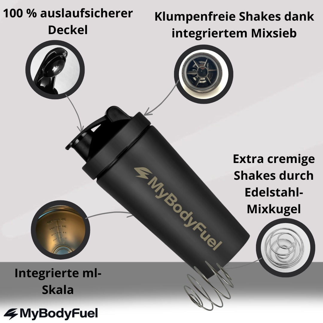 Edelstahl Shaker mit auslaufsicherem Deckel, integriertem Mixsieb, Edelstahl-Mixkugel und ml-Skala für cremige Proteinshakes