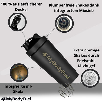 Edelstahl Shaker mit auslaufsicherem Deckel, integriertem Mixsieb, Edelstahl-Mixkugel und ml-Skala für cremige Proteinshakes