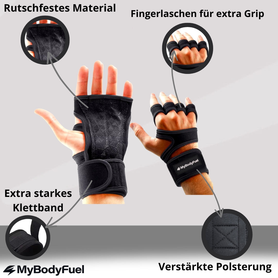 Fitness Grip Handschuhe mit Antirutsch & Handgelenkbandage – Schwarz – MyBodyFuel