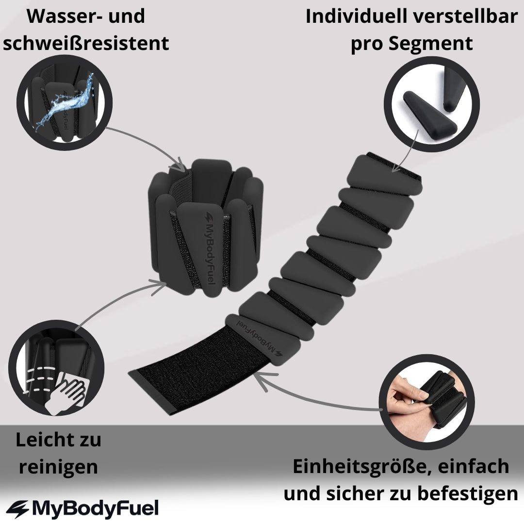 Verstellbare Handgelenk- und Fußgewichte mit segmentierter Passform, schweißresistentem Material und Klettverschluss für sicheren Halt beim Training