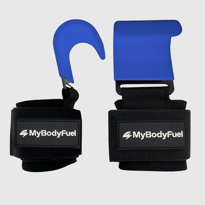 Blauwe MyBodyFuel lifting hooks – set van 2 polsbanden met stalen haak voor deadlifts en rows