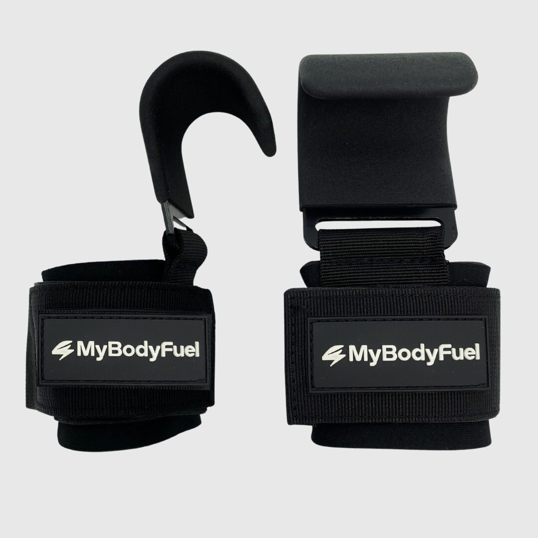 Zwarte MyBodyFuel lifting hooks – set van 2 polsbanden met stalen haak voor deadlifts en rows
