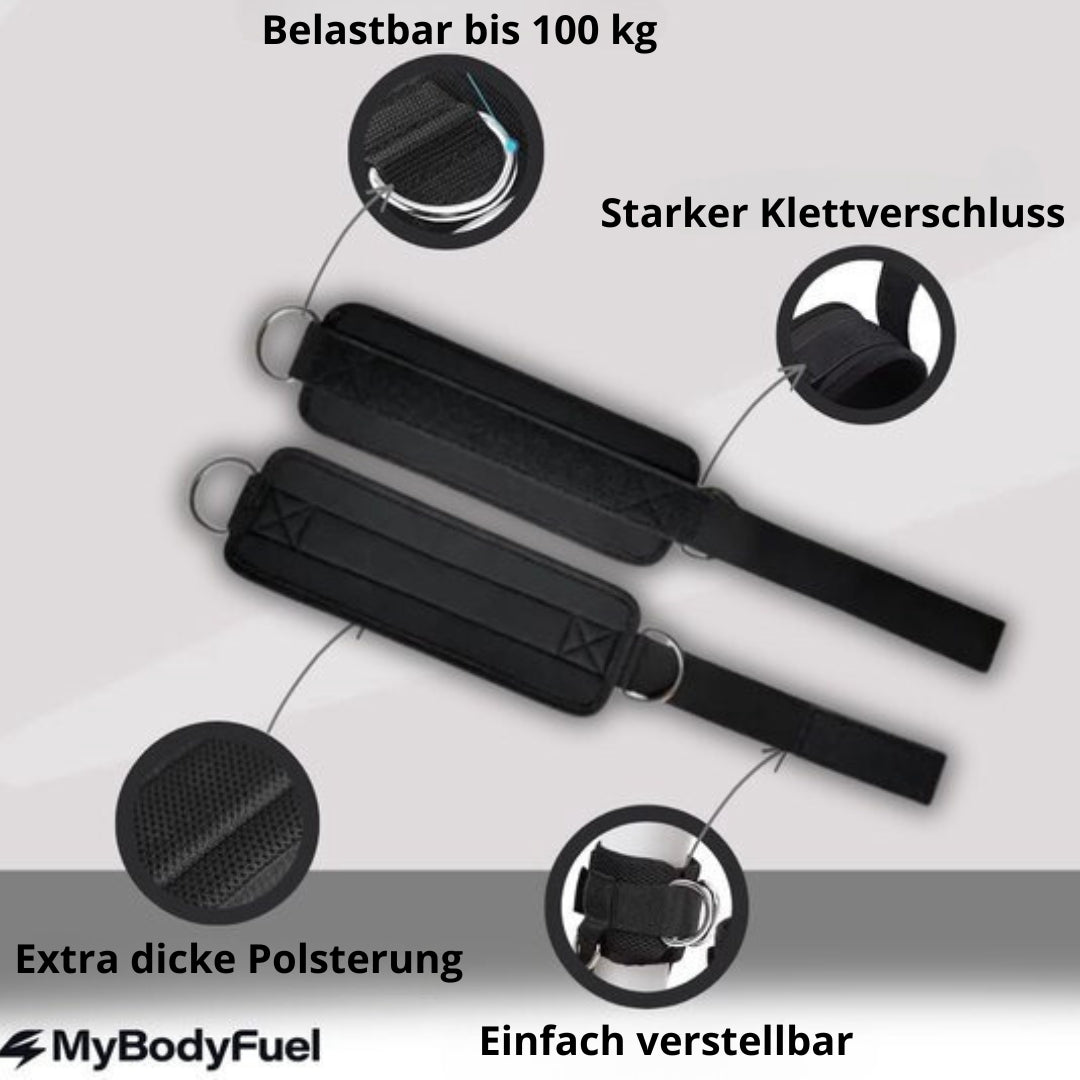 Knöchelriemen mit Klettverschluss, extra Polsterung und hoher Belastbarkeit für effektives Beintraining im Fitnessstudio