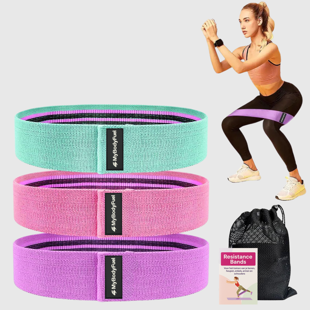Set van drie weerstandsbanden in groen, roze en paars met opbergzak, ideaal voor fitness en booty workout