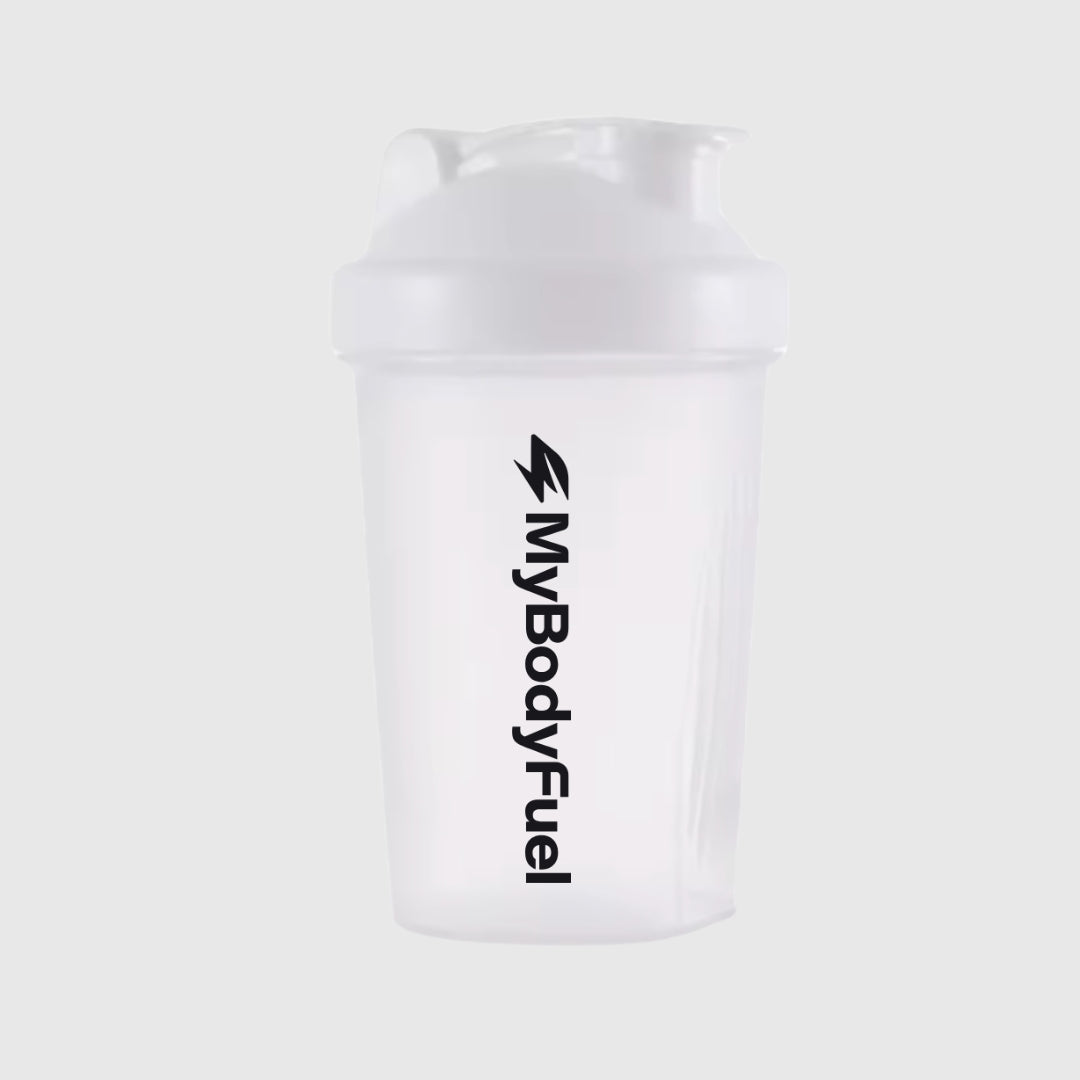Witte MyBodyFuel shakebeker 400 ml met lekvrije flip‑top en maataanduiding