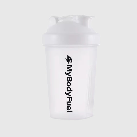 Witte MyBodyFuel shakebeker 400 ml met lekvrije flip‑top en maataanduiding