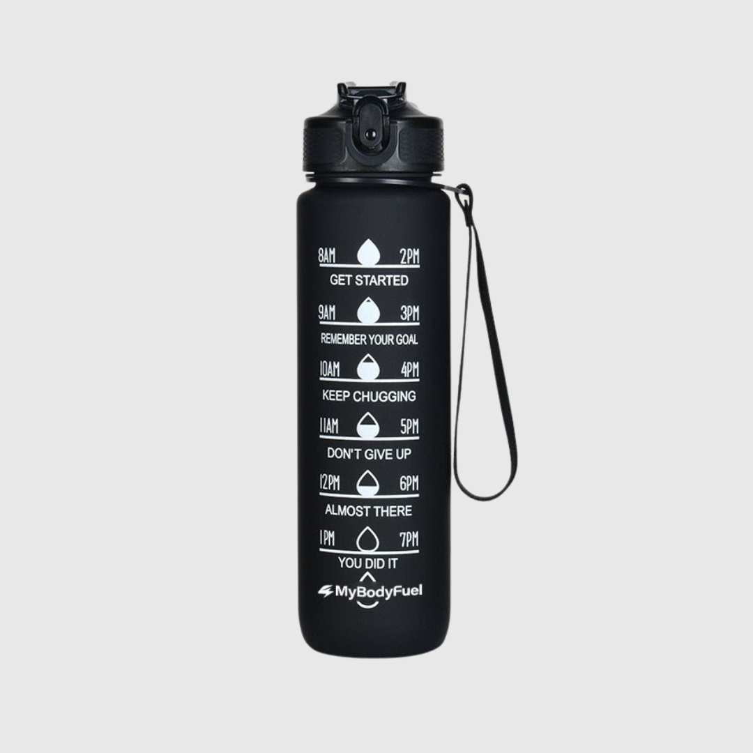 Zwarte MyBodyFuel luxe drinkfles 1000 ml met polskoord en motiverende tijdmarkeringen