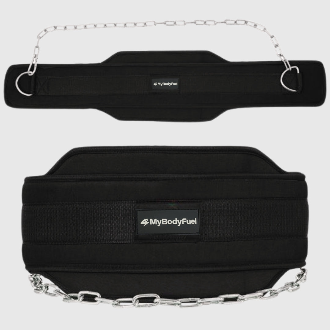 Zwarte MyBodyFuel dip belt met 90 cm stalen ketting en D‑ringen voor weighted dips en pull‑ups