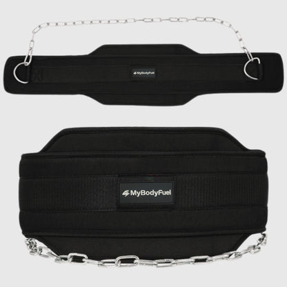 Zwarte MyBodyFuel dip belt met 90 cm stalen ketting en D‑ringen voor weighted dips en pull‑ups