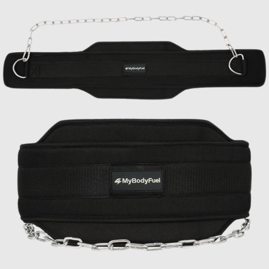 Zwarte MyBodyFuel dip belt met 90 cm stalen ketting en D‑ringen voor weighted dips en pull‑ups