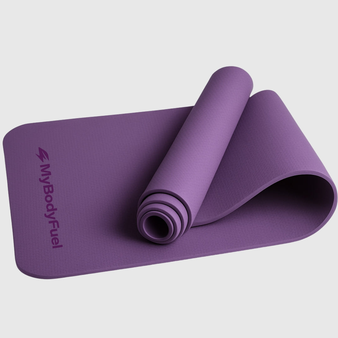 Paarse yogamat MyBodyFuel – opgerold, 6 mm dik, antislip