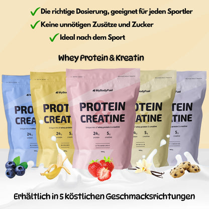 Whey Protein und Kreatin Pulver in verschiedenen Geschmacksrichtungen mit 24 g Protein und 5 g Kreatin pro Portion für Muskelaufbau und Regeneration