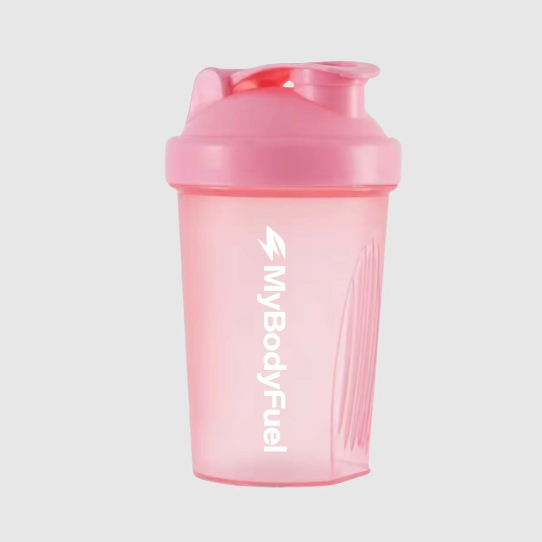 Roze MyBodyFuel shakebeker 400 ml met lekvrije flip‑top en maataanduiding