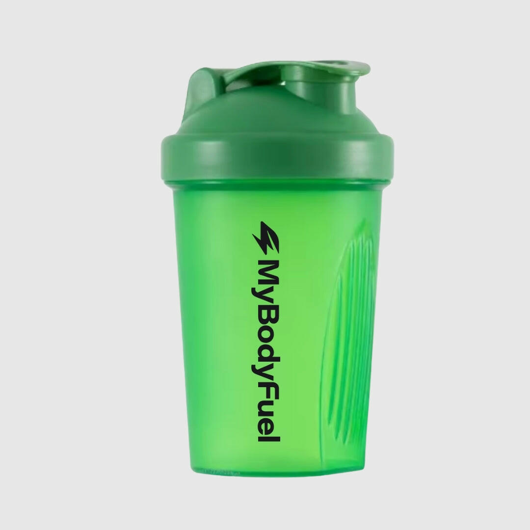 Groene MyBodyFuel shakebeker 400 ml met lekvrije flip‑top en maataanduiding