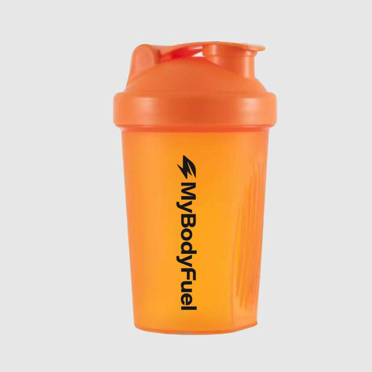 Oranje MyBodyFuel shakebeker 400 ml met lekvrije flip‑top en maataanduiding
