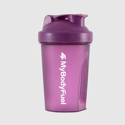 Paarse MyBodyFuel shakebeker 400 ml met lekvrije flip‑top en maataanduiding
