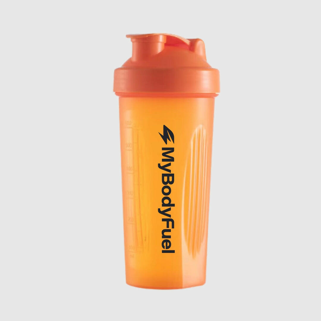 Oranje MyBodyFuel shakebeker 700 ml met lekvrije flip‑top en maataanduiding