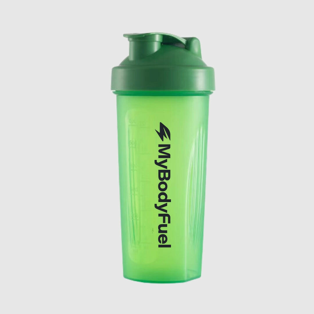 Groene MyBodyFuel shakebeker 700 ml met lekvrije flip‑top en maataanduiding