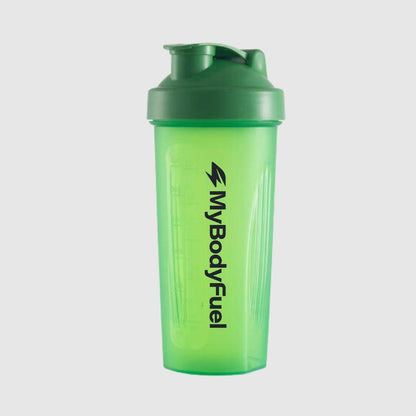 Groene MyBodyFuel shakebeker 700 ml met lekvrije flip‑top en maataanduiding