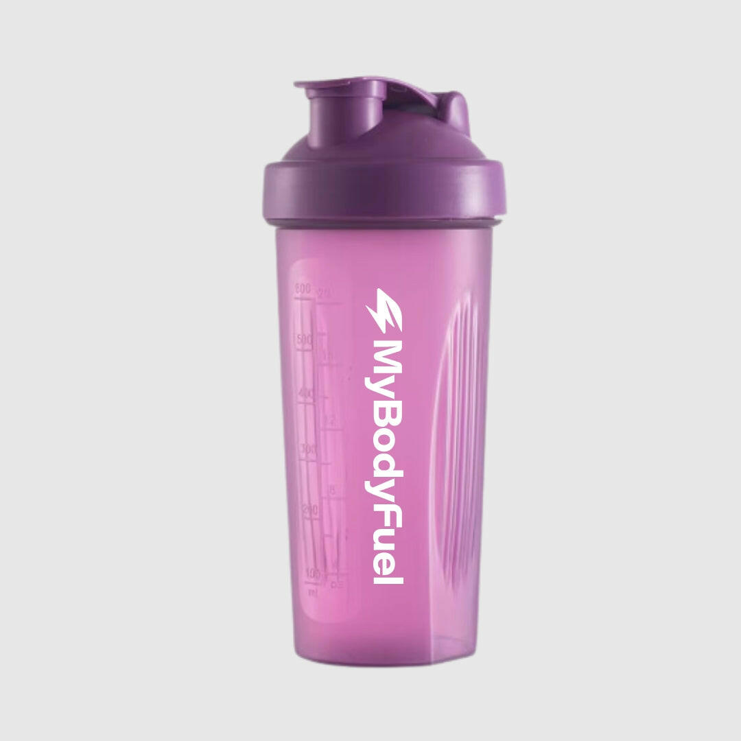 Paarse MyBodyFuel shakebeker 700 ml met lekvrije flip‑top en maataanduiding