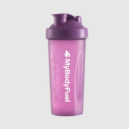 Paarse MyBodyFuel shakebeker 700 ml met lekvrije flip‑top en maataanduiding