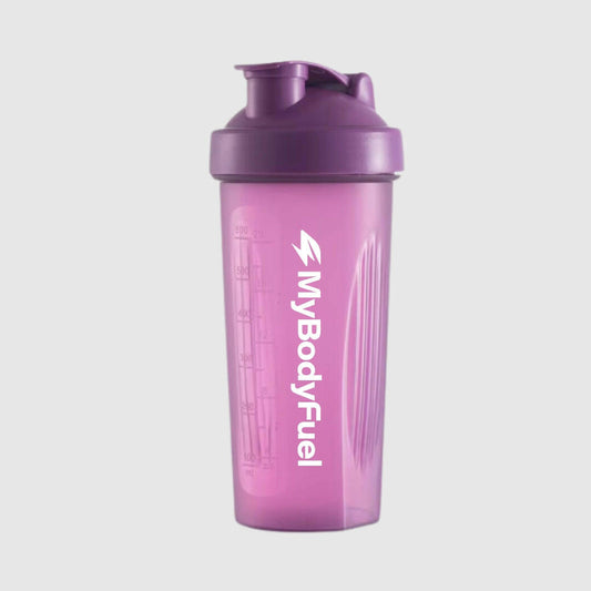Paarse MyBodyFuel shakebeker 700 ml met lekvrije flip‑top en maataanduiding