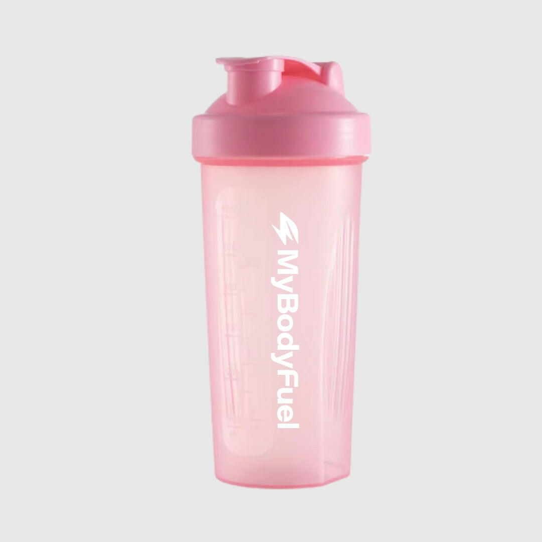 Roze MyBodyFuel shakebeker 700 ml met lekvrije flip‑top en maataanduiding