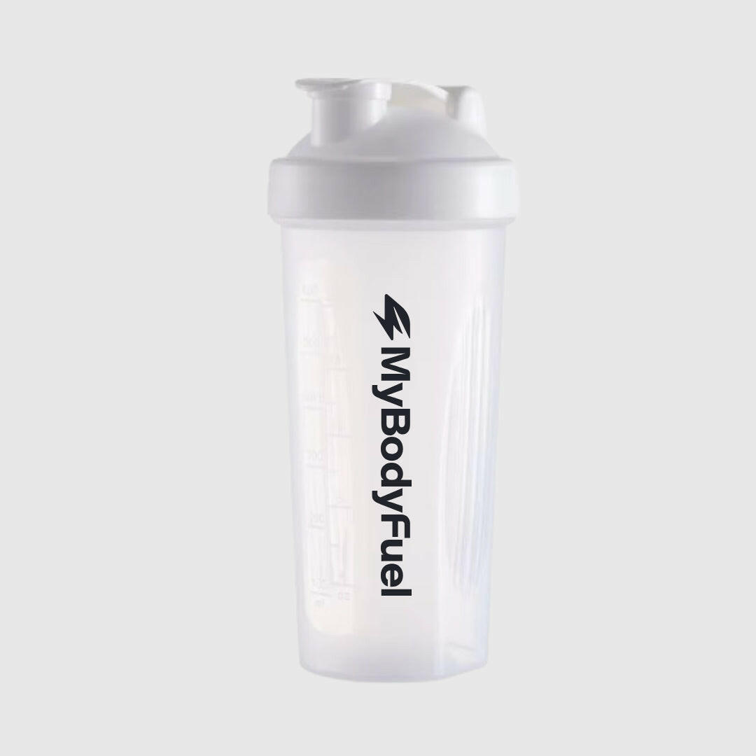 Witte MyBodyFuel shakebeker 700 ml met lekvrije flip‑top en maataanduiding