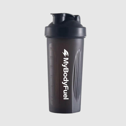 Zwarte MyBodyFuel shakebeker 700 ml met lekvrije flip‑top en maataanduiding