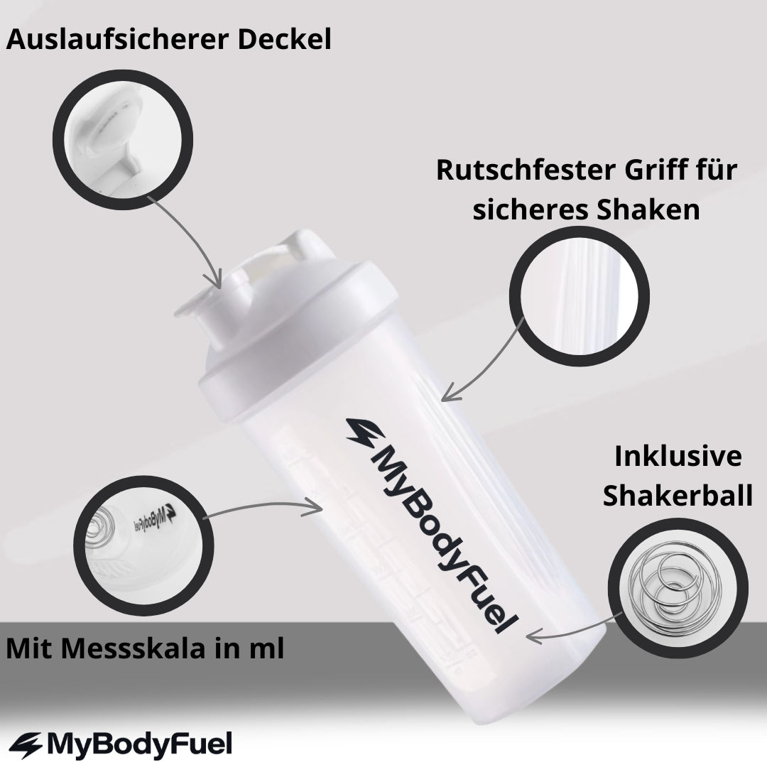 Protein Shaker mit auslaufsicherem Deckel, Shakerball und Messskala für klumpenfreie Shakes im Fitnessalltag