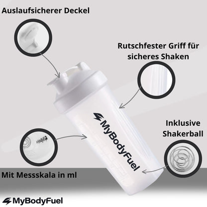 Protein Shaker mit auslaufsicherem Deckel, Shakerball und Messskala für klumpenfreie Shakes im Fitnessalltag