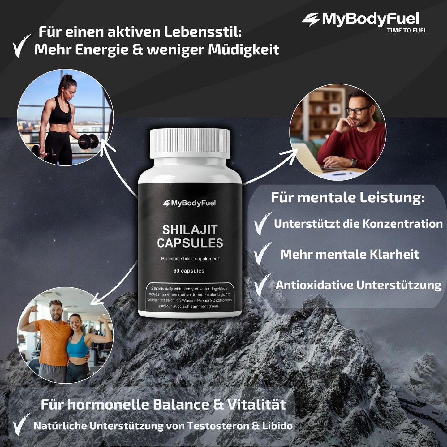 Shilajit Kapseln zur Unterstützung von Energie, mentaler Leistung und hormoneller Balance mit Fokus auf Konzentration, Vitalität und Wohlbefinden