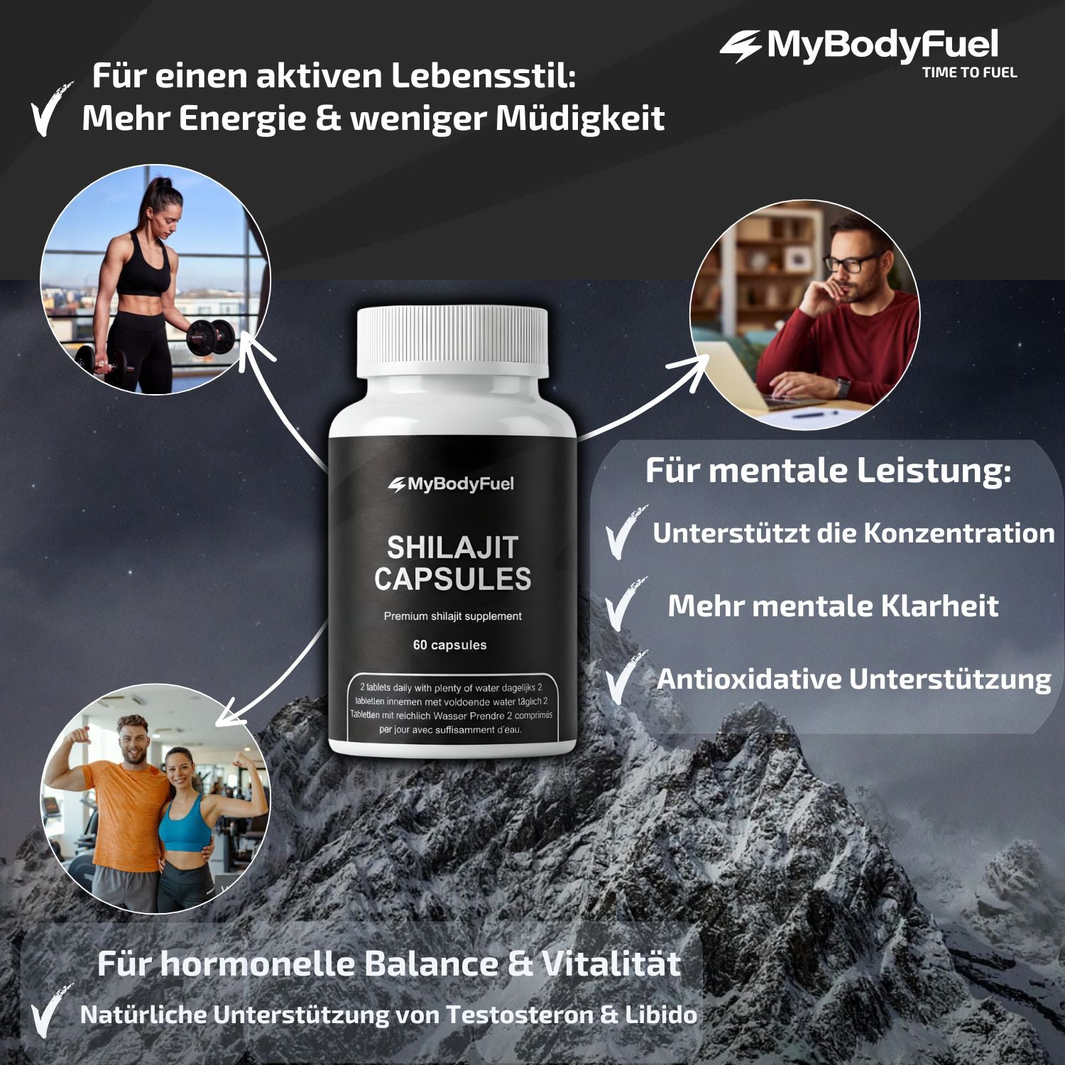Shilajit Kapseln zur Unterstützung von Energie, mentaler Leistung und hormoneller Balance mit Fokus auf Konzentration, Vitalität und Wohlbefinden