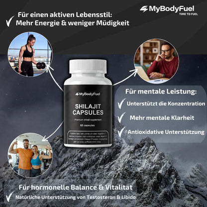 Shilajit Kapseln zur Unterstützung von Energie, mentaler Leistung und hormoneller Balance mit Fokus auf Konzentration, Vitalität und Wohlbefinden
