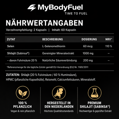 Nährwerttabelle von Shilajit Kapseln mit 1000 mg pro Portion, 20 % Fulvinsäure, pflanzlicher Kapselhülle und hergestellt in den Niederlanden
