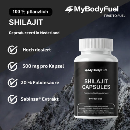 Shilajit Kapseln mit 500 mg pro Kapsel, 20 % Fulvinsäure und Sabinsa® Extrakt, hergestellt in den Niederlanden und 100 % pflanzlich