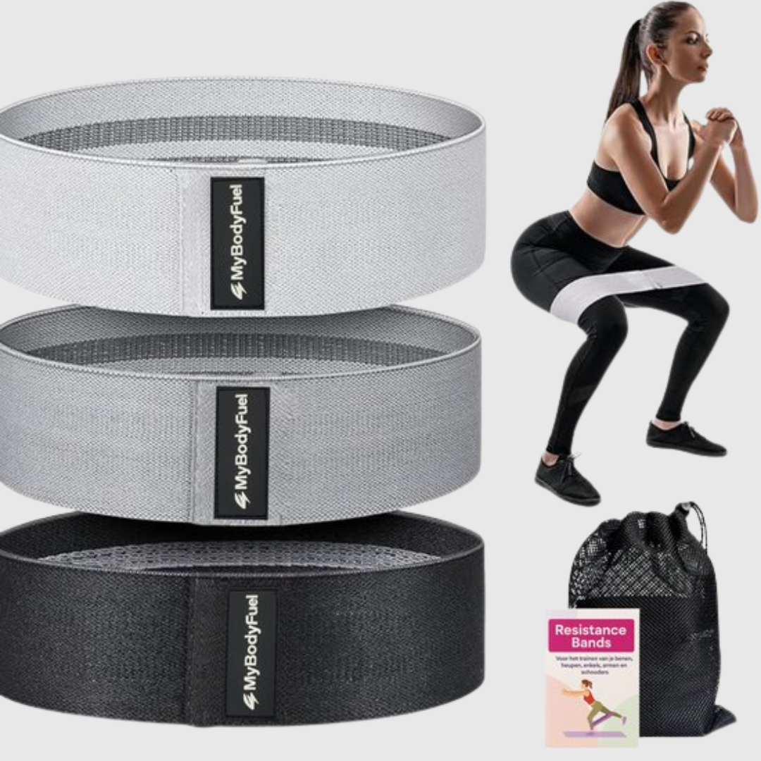 Set van drie weerstandsbanden in wit, grijs en zwart met opbergzak, ideaal voor fitness en booty workout