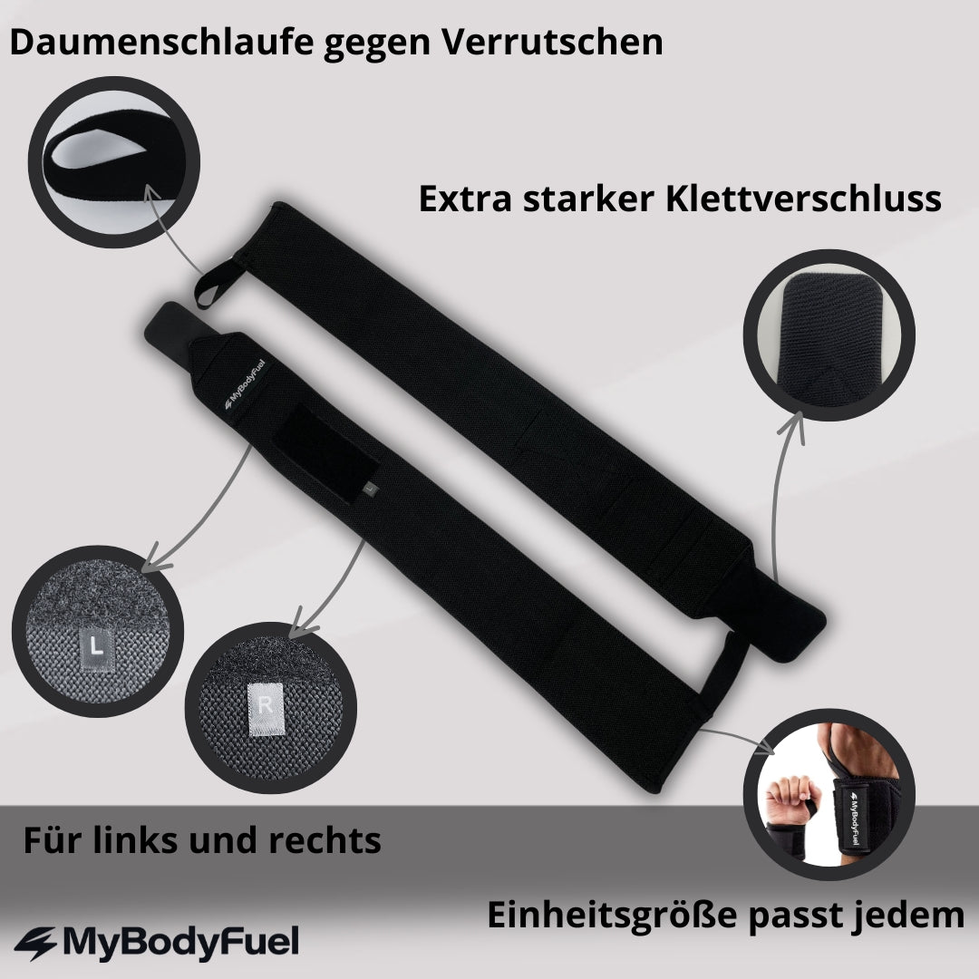 Wrist Wraps mit Daumenschlaufe, Klettverschluss und Einheitsgröße für mehr Stabilität und Schutz beim Krafttraining