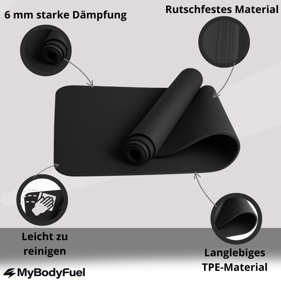 Schwarze Yogamatte aus TPE mit 6 mm Dämpfung, rutschfester Oberfläche und leicht zu reinigendem Material für Yoga, Fitness und Pilates