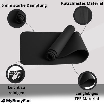 Schwarze Yogamatte aus TPE mit 6 mm Dämpfung, rutschfester Oberfläche und leicht zu reinigendem Material für Yoga, Fitness und Pilates