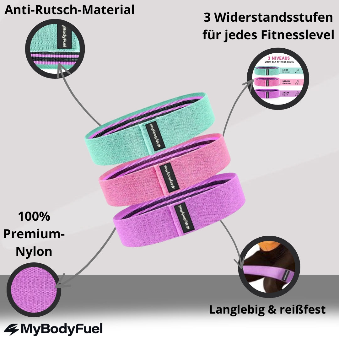 Nylon Widerstandsbänder Set - 3er Set Grün/Rosa/Lila